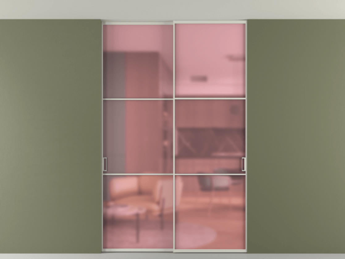 Перегородка Formato внутри проёма скрытое крепление в потолок 2 створки АЛПР 040.03 Алюминий тёплый серый Сатинированное розовое стекло, триплекс Цена 1876505 ₸ | Volhovec