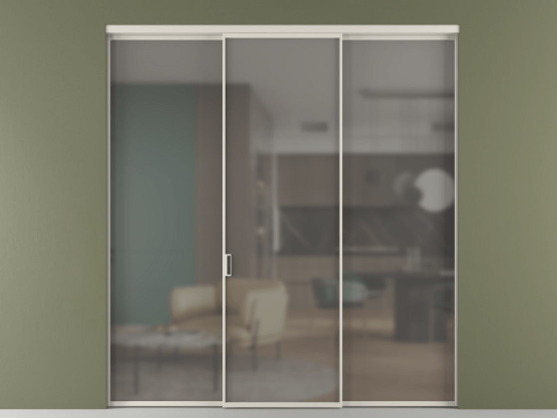 Перегородка Formato внутри проёма 3 створки АЛПР 040.01 Алюминий облачно-серый Сатинированное серое стекло, триплекс Цена 1470020 ₸ | Volhovec