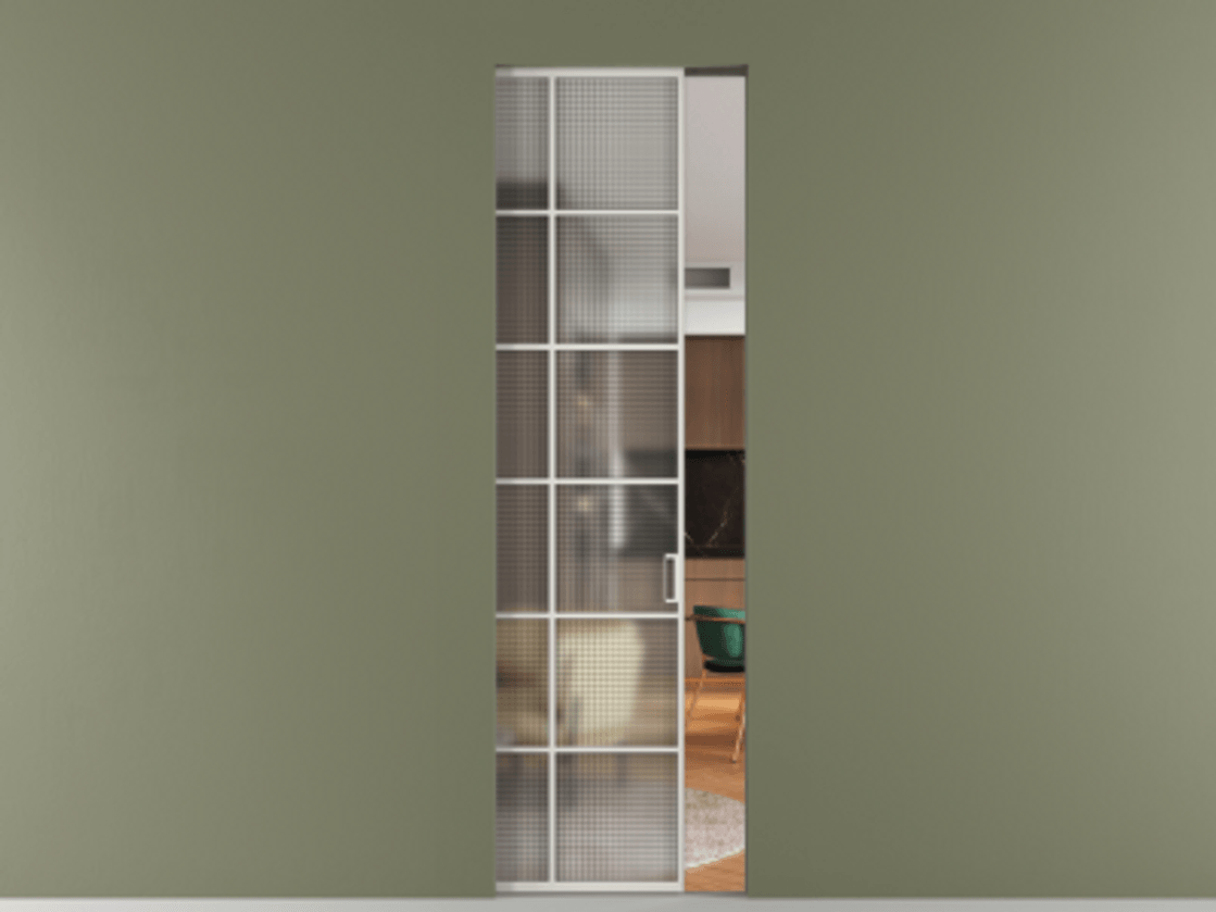 Перегородка Formato скрытый пенал 1 створка АЛПР 040.05 Алюминий Белый Декоративное стекло с сеткой "Mesh silver", триплекс Цена 1136900 ₸ | Volhovec