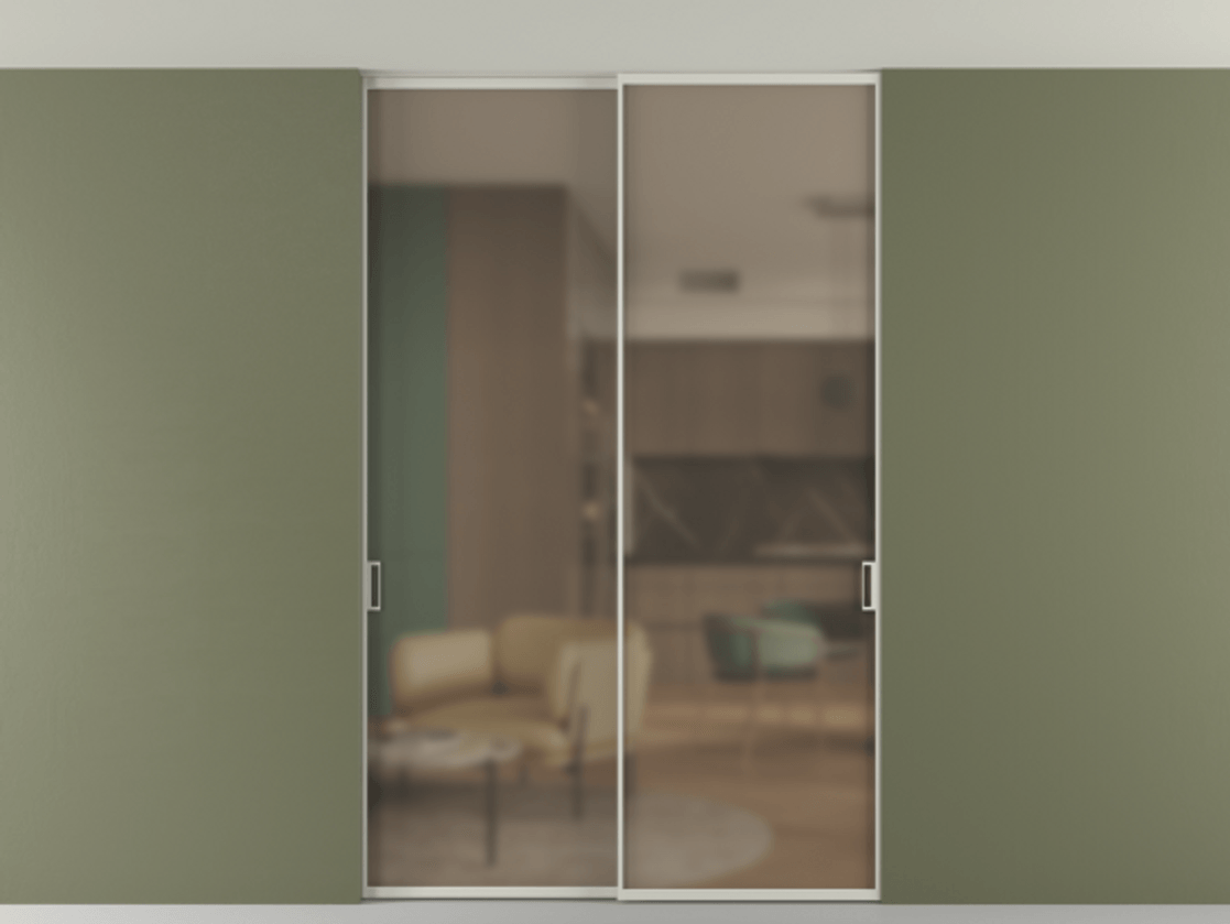 Перегородка Формато внутри проёма скрытое крепление в потолок 2 створки АЛПР 040.01 Алюминий тёплый серый Сатинированное бронзовое стекло, триплекс Цена 1809146 ₸ | Volhovec