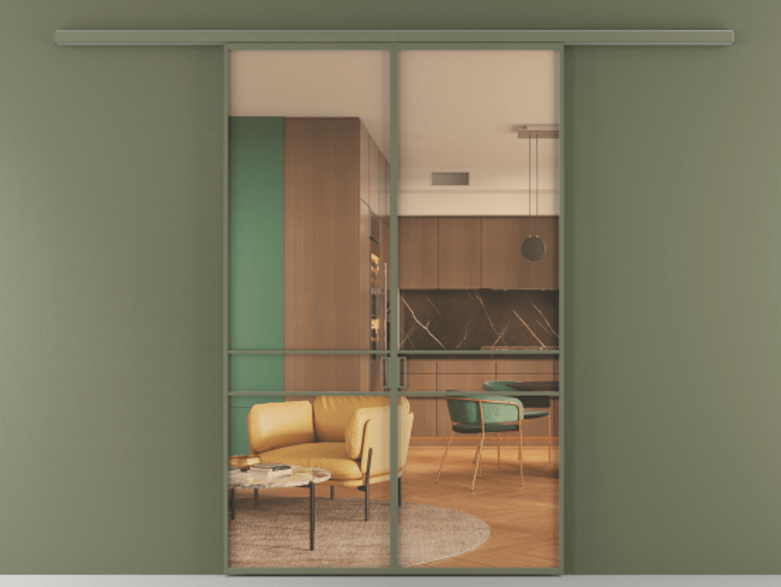 Перегородка Formato вдоль стены 2 створки АЛПР 040.02 Алюминий оливковый тёмный Прозрачное оранжевое стекло, триплекс Цена 1266500 ₸ | Volhovec