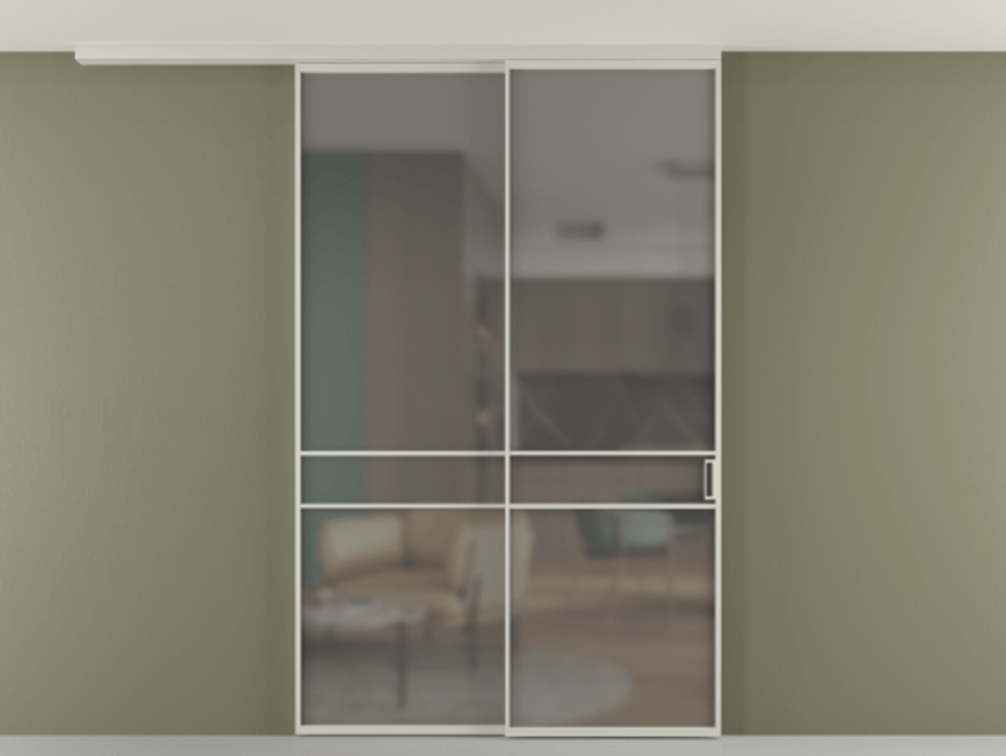 Перегородка Формато вдоль стены на потолок 2 створки с синхронным механизмом АЛПР 040.02 Алюминий тёплый серый Сатинированное серое стекло, триплекс Цена 2101499 ₸ | Volhovec