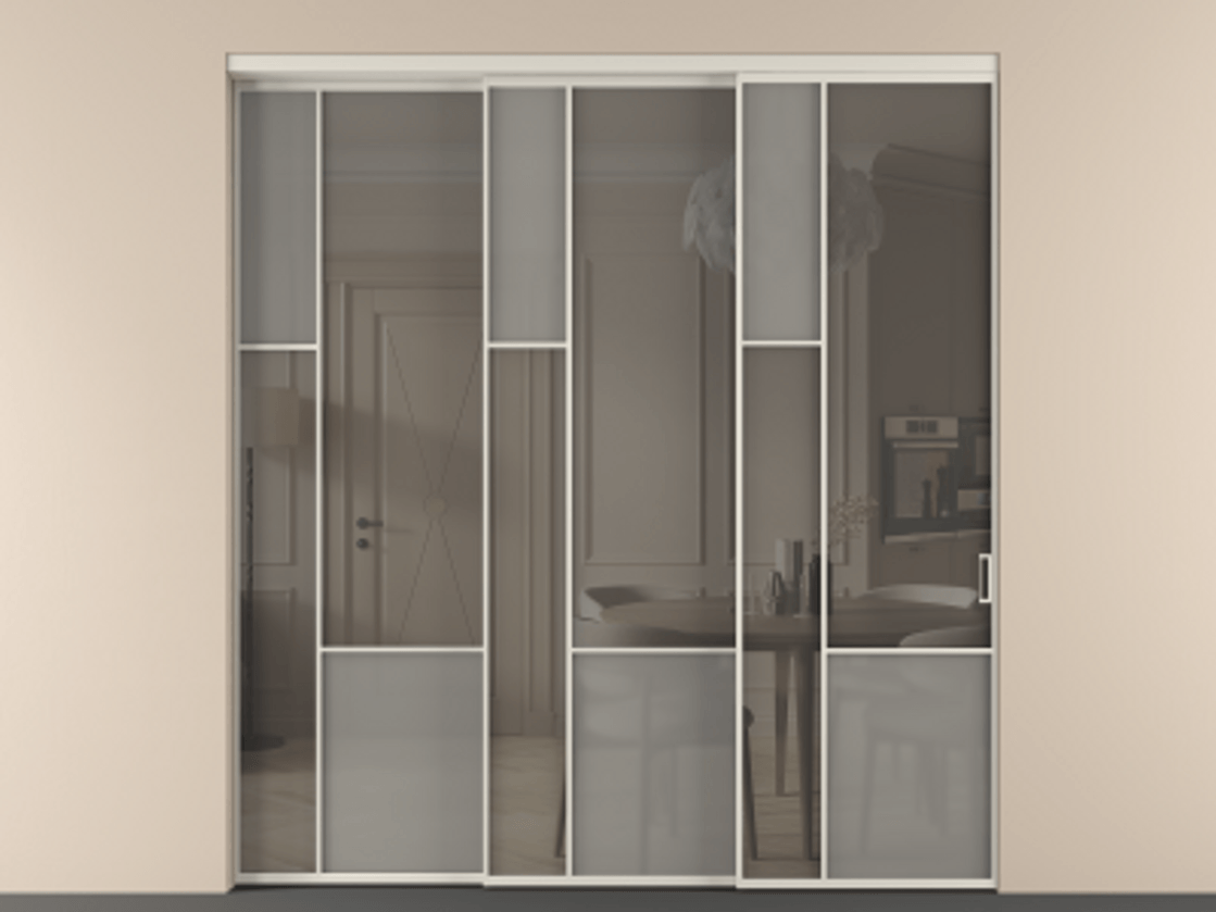 Перегородка Мозаик внутри проёма 3 створки с синхронным механизмом АЛПР 041.13 Алюминий облачно-серый Сатинированное серое стекло, триплекс, 6 мм + Прозрачное серое стекло, триплекс Цена 3306668 ₸ | Volhovec