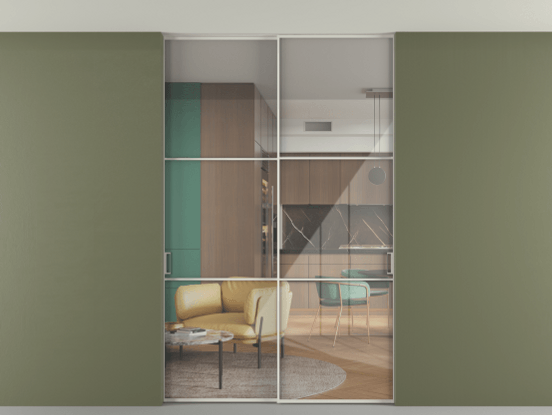 Перегородка Формато внутри проёма скрытое крепление в потолок 2 створки АЛПР 040.03 Алюминий Белый Рефлективное прозрачное стекло "Стопсол", калёное Цена 2249856 ₸ | Volhovec