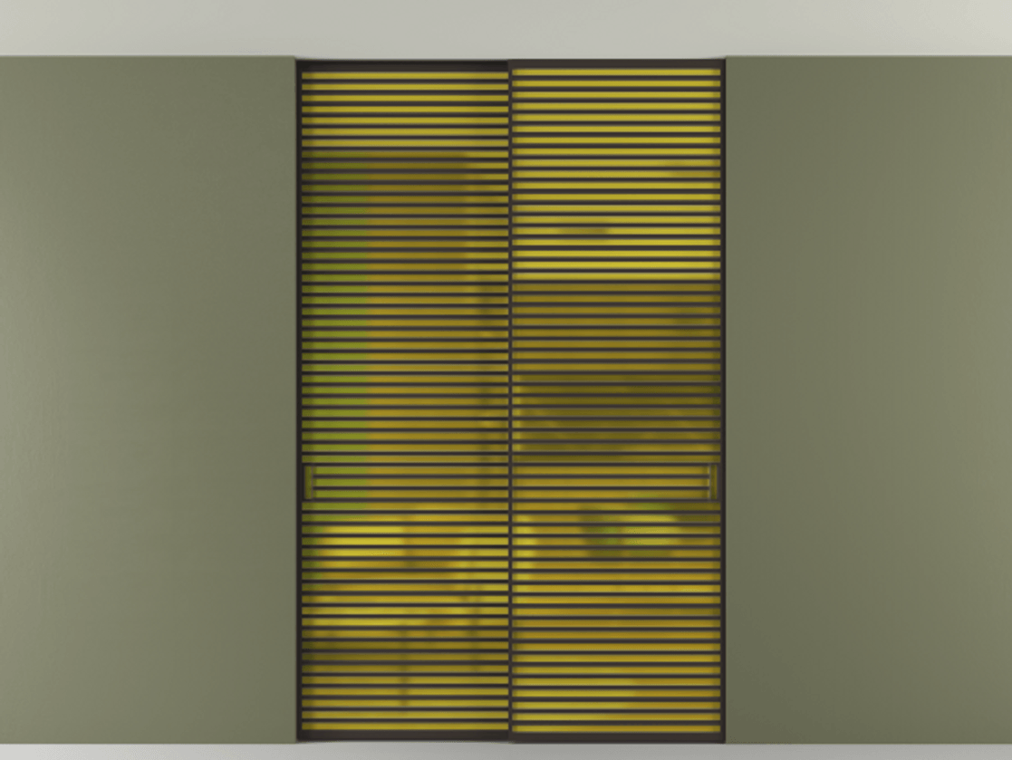 Перегородка Формато внутри проёма скрытое крепление в потолок 2 створки АЛПР 040.07 Алюминий антрацит Сатинированное жёлтое стекло, триплекс Цена 3098957 ₸ | Volhovec