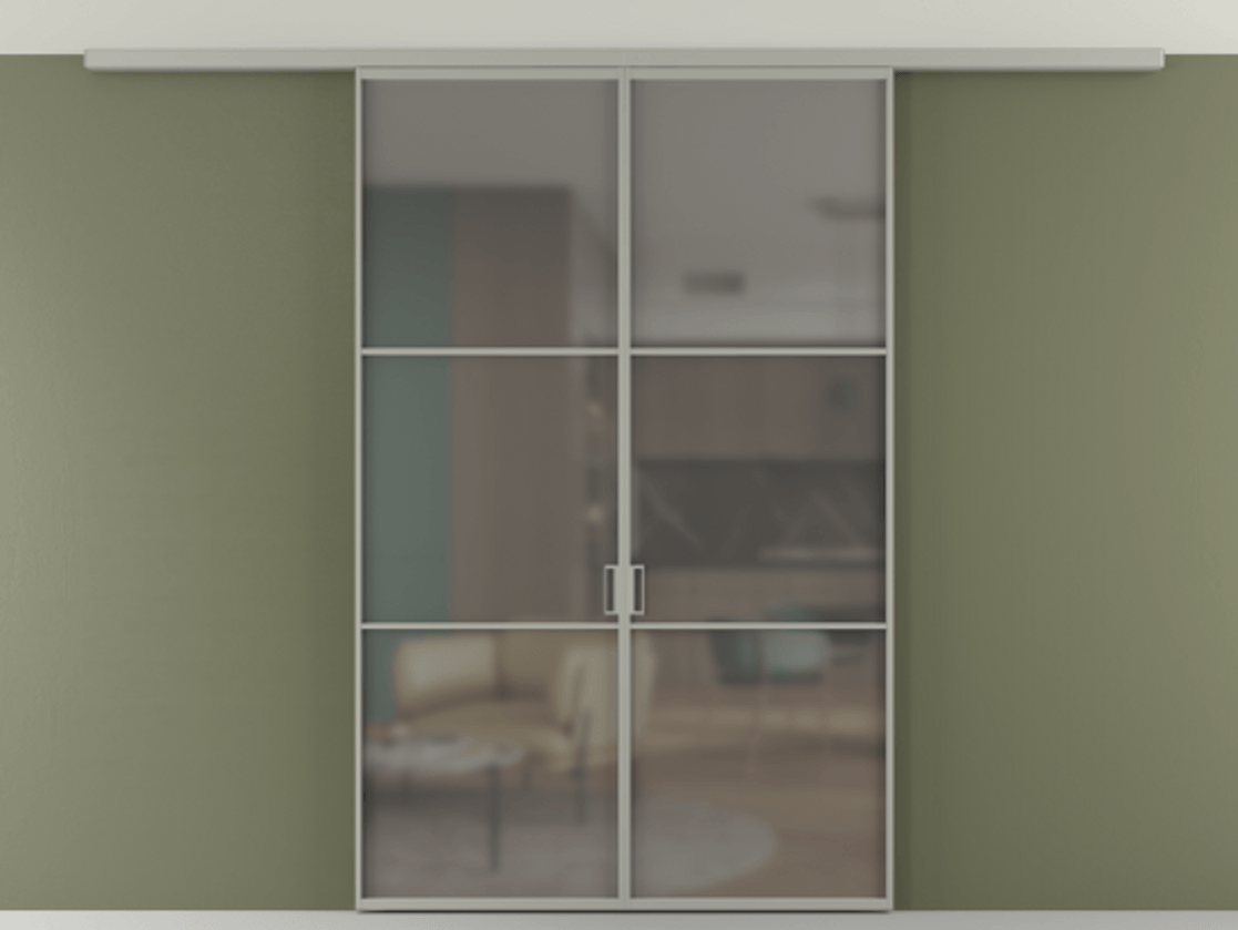 Перегородка Формато вдоль стены на потолок 2 створки АЛПР 040.03 Алюминий нейтральный серый Сатинированное серое стекло, триплекс Цена 1723075 ₸ | Volhovec