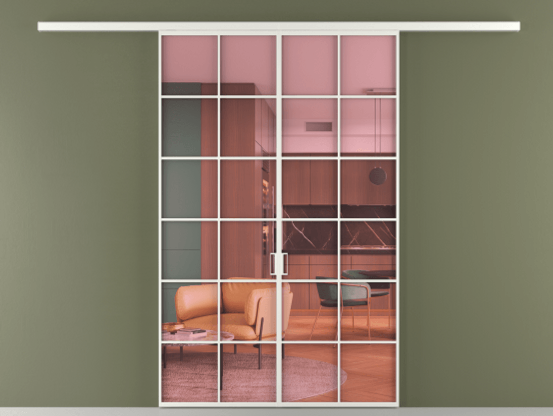 Перегородка Формато вдоль стены 2 створки АЛПР 040.05 Алюминий светло-серый Прозрачное розовое стекло, триплекс Цена 1566054 ₸ | Volhovec