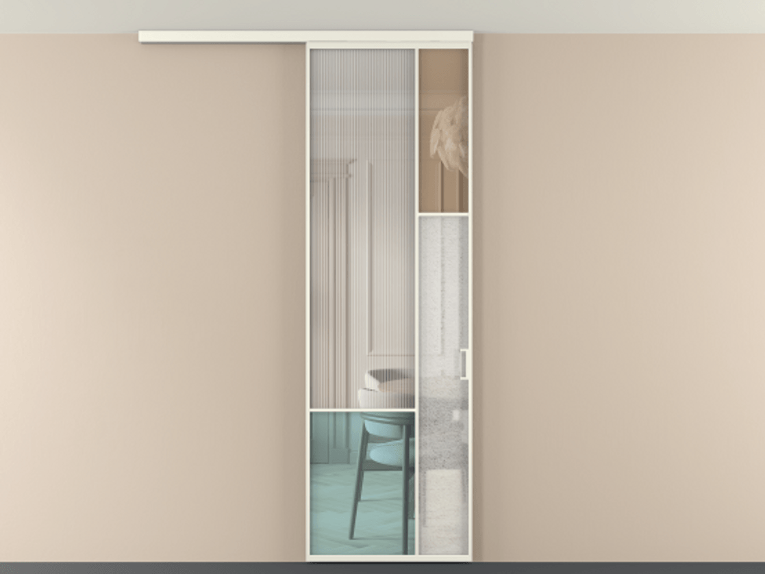 Перегородка Мозаик вдоль стены на потолок 1 створка АЛПР 041.12 Алюминий жемчужный Комбинация стекол Группы 1 и Группы 3 Цена 1066262 ₸ | Volhovec