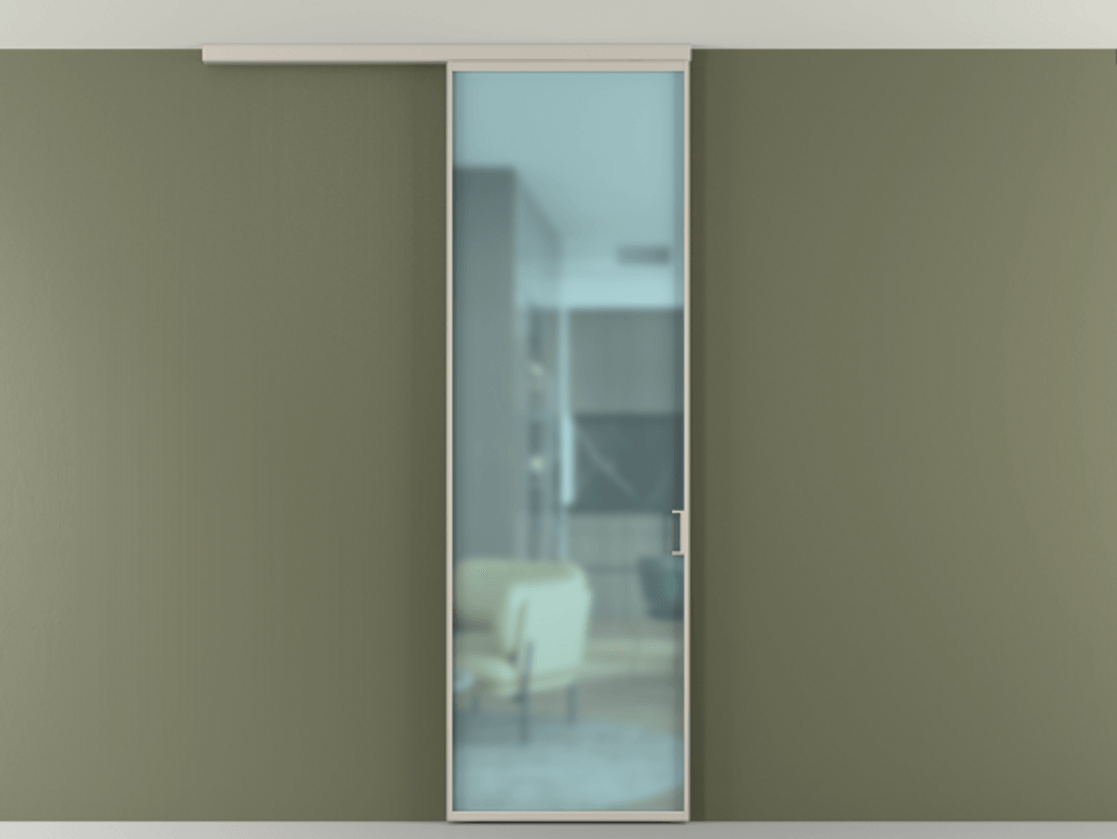 Перегородка Формато вдоль стены на потолок 1 створка АЛПР 040.01 Алюминий светло-бежевый Сатинированное голубое стекло, триплекс Цена 698563 ₸ | Volhovec