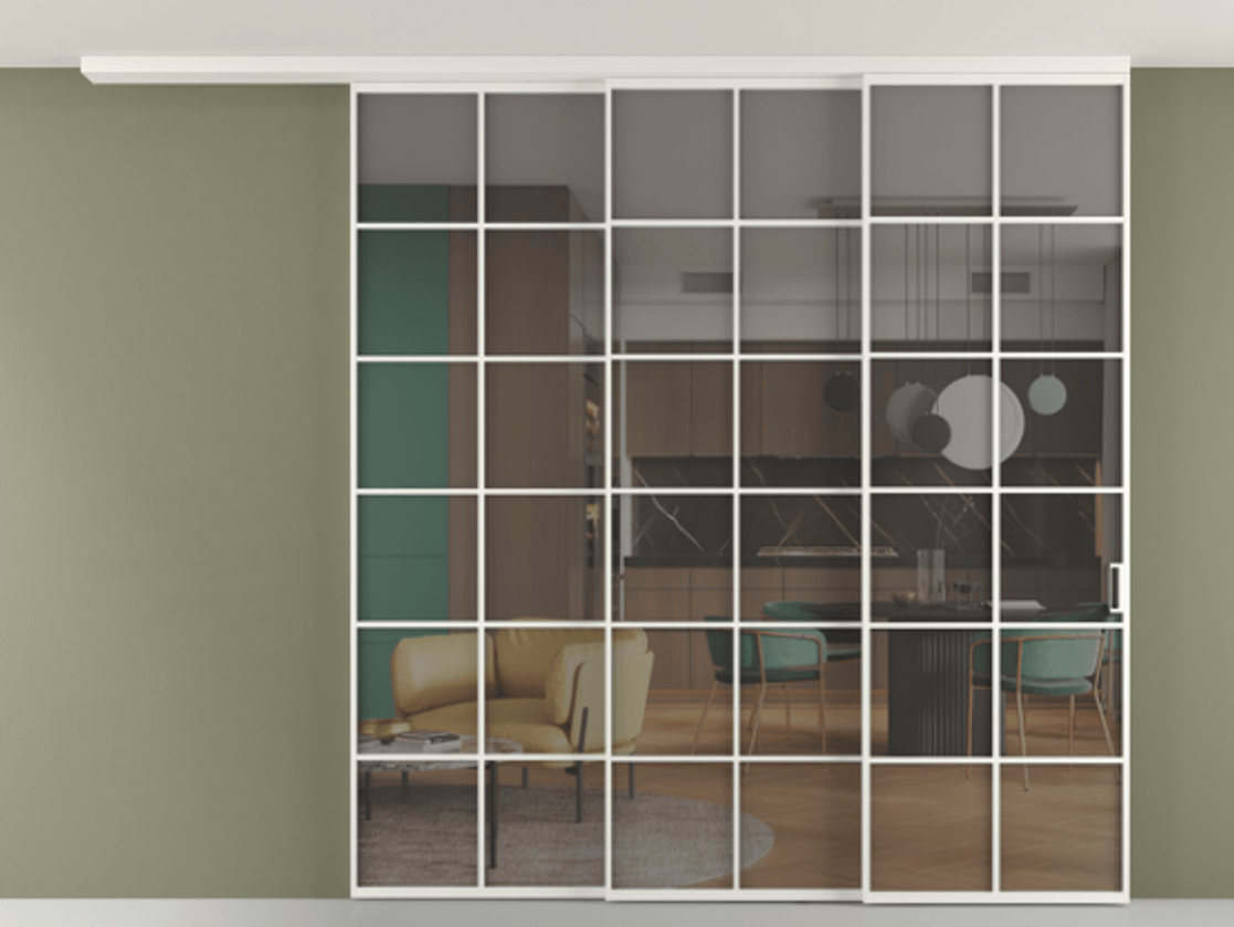 Перегородка Formato вдоль стены на потолок 3 створки с синхронным механизмом АЛПР 040.05 Алюминий светло-серый Прозрачное серое стекло, триплекс Цена 2601810 ₸ | Volhovec