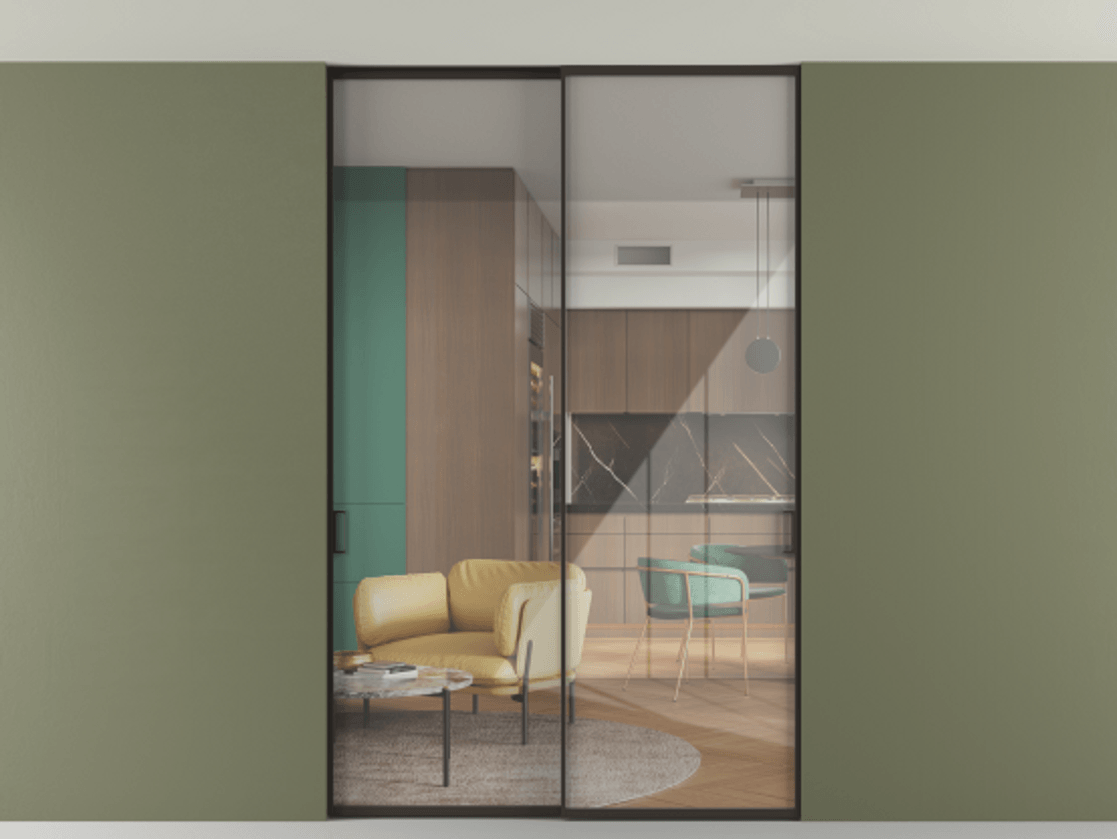 Перегородка Формато внутри проёма скрытое крепление в потолок 2 створки АЛПР 040.01 Алюминий антрацит Рефлективное прозрачное стекло "Стопсол", калёное Цена 2219918 ₸ | Volhovec