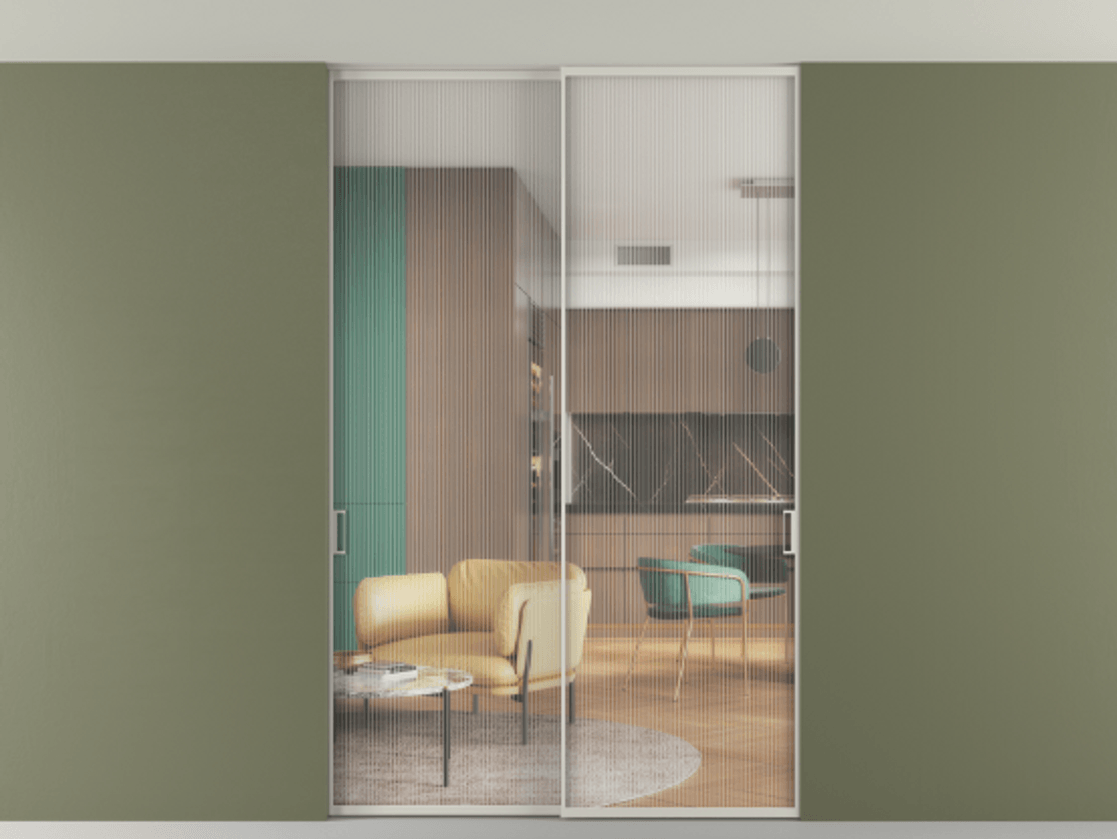 Перегородка Формато внутри проёма скрытое крепление в потолок 2 створки АЛПР 040.01 Алюминий тёплый серый Рифлёное стекло "Мору", триплекс Цена 1899866 ₸ | Volhovec