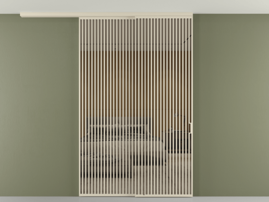 Перегородка Формато вдоль стены на потолок 2 створки с синхронным механизмом АЛПР 040.06 Алюминий бежево-серый Рефлективное бронзовое стекло "Стопсол", калёное Цена 4102207 ₸ | Volhovec