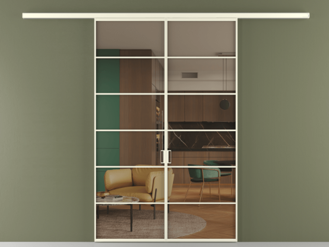 Перегородка Формато вдоль стены 2 створки АЛПР 040.04 Алюминий молочно-белый Прозрачное бронзовое стекло, триплекс Цена 1566054 ₸ | Volhovec