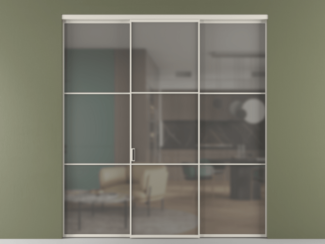 Перегородка Формато внутри проёма 3 створки АЛПР 040.03 Алюминий облачно-серый Сатинированное серое стекло, триплекс Цена 1793799 ₸ | Volhovec