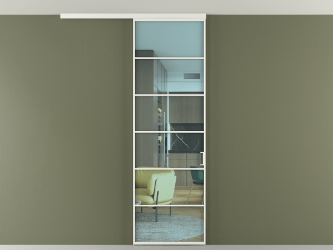 Межкомнатная дверь New Перегородка Formato вдоль стены на потолок одностворчатая АЛПР 040.04 Алюминий светло-серый Прозрачное голубое стекло, триплекс Цена 742100  | Volhovec