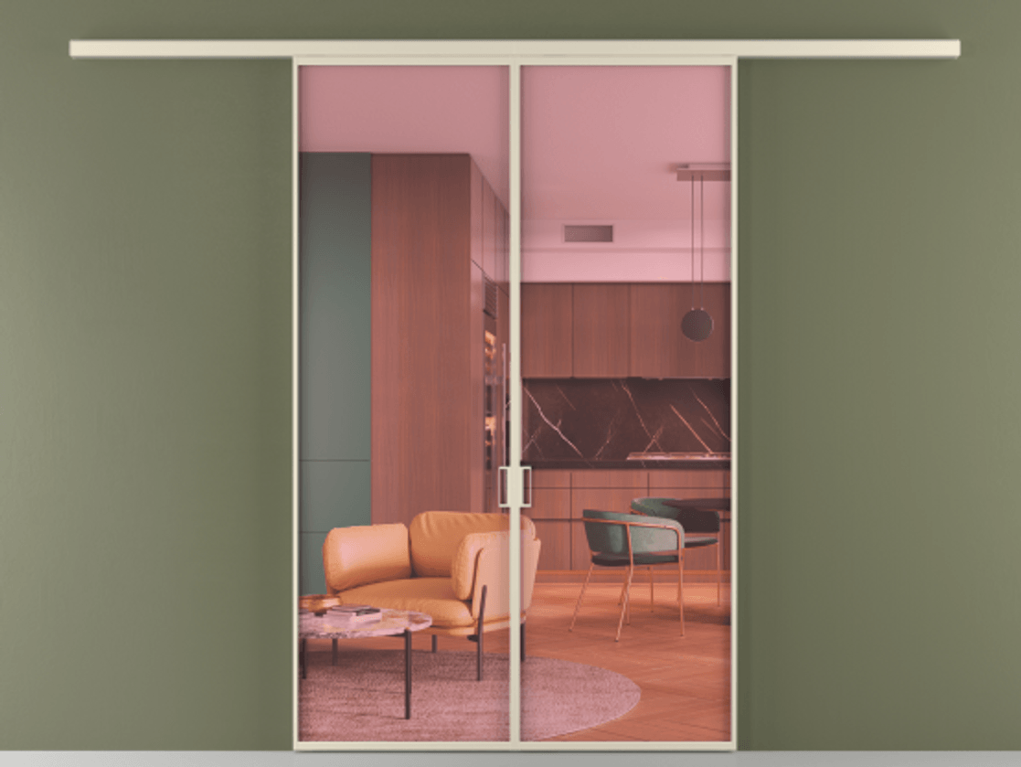 Межкомнатная дверь New Перегородка Formato вдоль стены двустворчатая АЛПР 040.01 Алюминий бежево-серый Прозрачное розовое стекло, триплекс Цена 1212600  | Volhovec