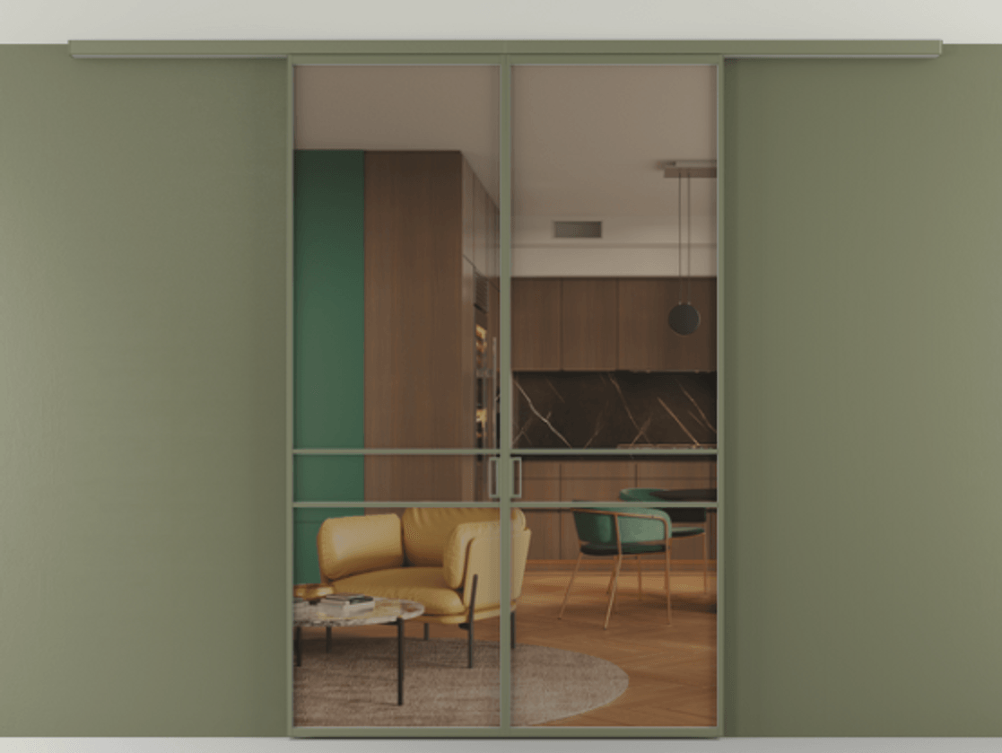 Перегородка Формато вдоль стены на потолок 2 створки АЛПР 040.02 Алюминий оливковый тёмный Прозрачное бронзовое стекло, триплекс Цена 1410809 ₸ | Volhovec