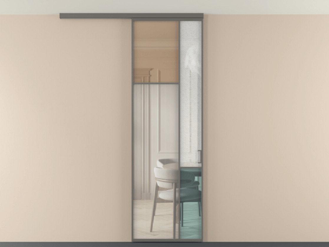 Перегородка Мозаик вдоль стены на потолок 1 створка АЛПР 041.10 Алюминий классический серый Комбинация стекол Группы 1 и Группы 3 Цена 1066262 ₸ | Volhovec