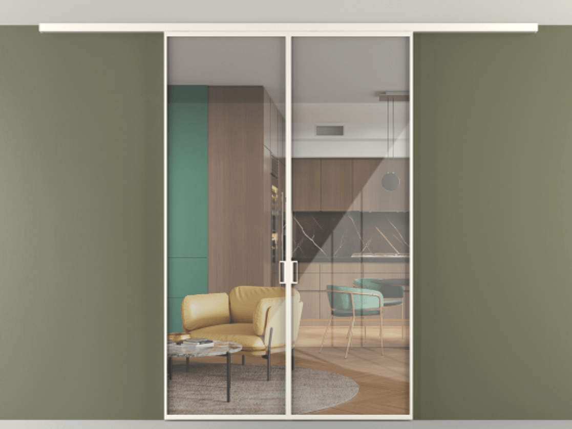 Перегородка Формато вдоль стены на потолок 2 створки АЛПР 040.01 Алюминий пудровый белый Рефлективное прозрачное стекло "Стопсол", калёное Цена 1754222 ₸ | Volhovec