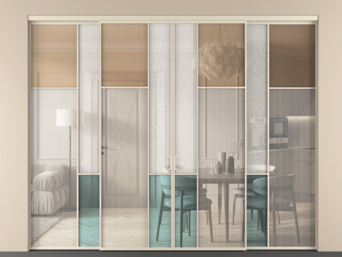 Перегородка Mosaic внутри проёма 4 створки АЛПР 041.11 Алюминий бежево-серый Комбинация стекол Группы 1 и Группы 3 Цена 3025900 ₸ | Volhovec