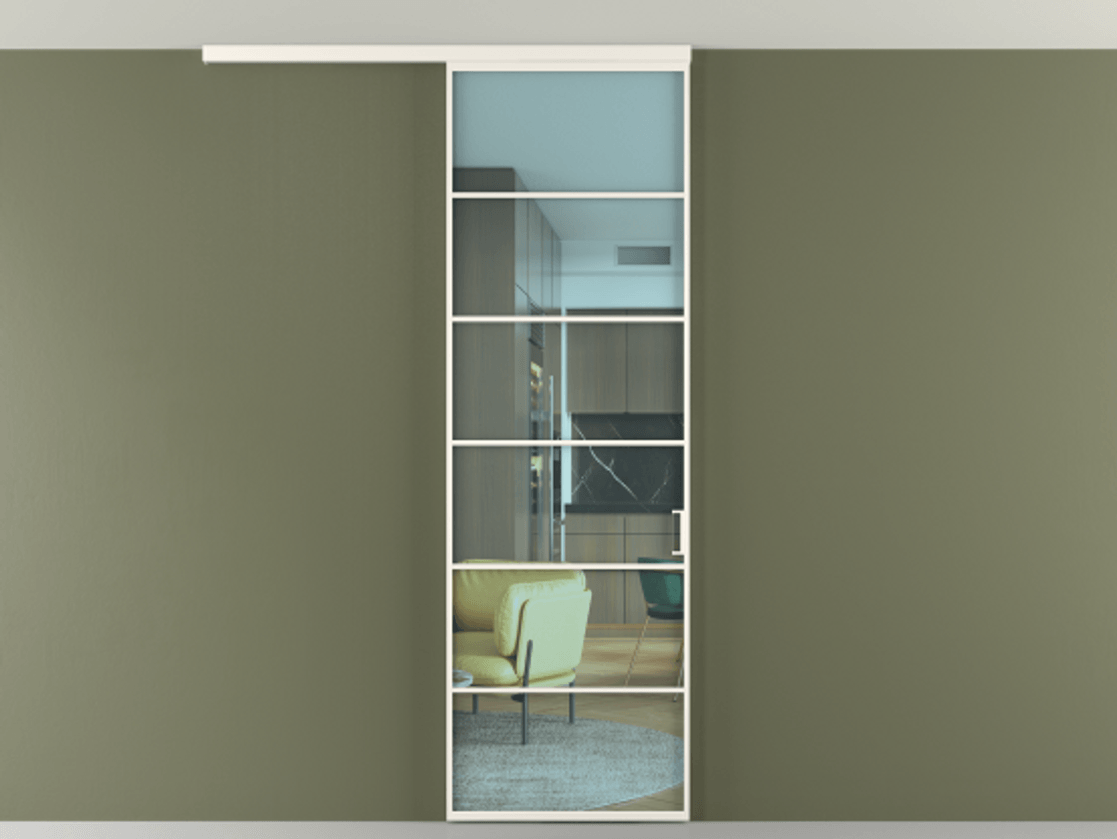 Перегородка Формато вдоль стены на потолок 1 створка АЛПР 040.04 Алюминий пудровый белый Прозрачное голубое стекло, триплекс Цена 780891 ₸ | Volhovec