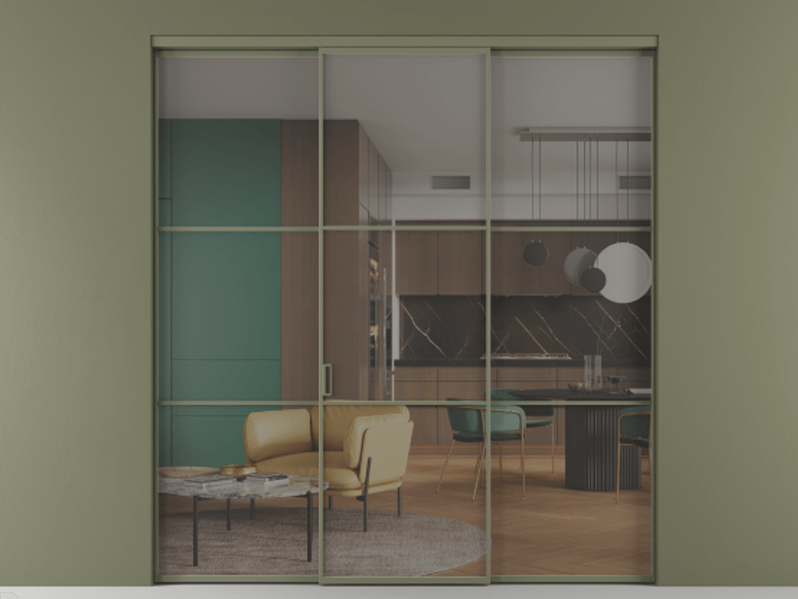 Перегородка Formato внутри проёма 3 створки АЛПР 040.03 Алюминий оливковый тёмный Прозрачное серое стекло, триплекс Цена 1793799 ₸ | Volhovec