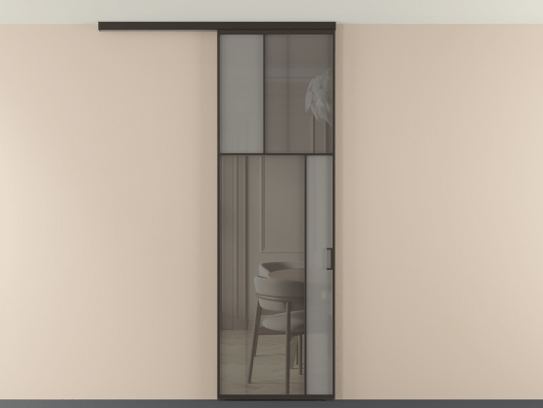 Перегородка Мозаик вдоль стены на потолок 1 створка АЛПР 041.23 Алюминий антрацит Сатинированное серое стекло, триплекс, 6 мм + Прозрачное серое стекло, триплекс Цена 1020902 ₸ | Volhovec