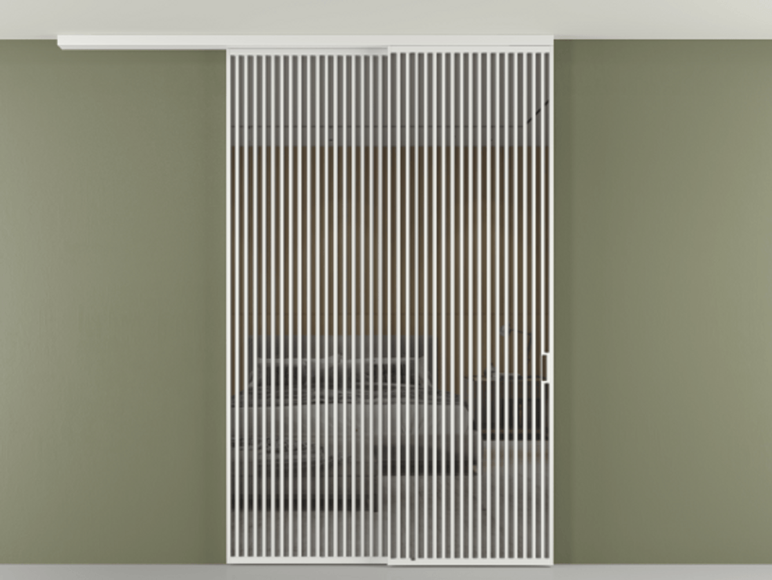 Перегородка Формато вдоль стены на потолок 2 створки с синхронным механизмом АЛПР 040.06 Алюминий белоснежный Рефлективное серое стекло "Стопсол", калёное Цена 3502215 ₸ | Volhovec