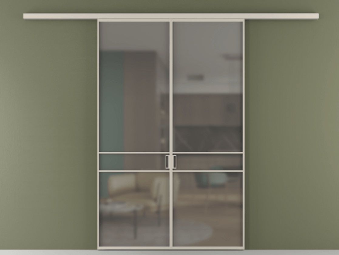 Перегородка Формато вдоль стены 2 створки АЛПР 040.02 Алюминий светло-бежевый Сатинированное серое стекло, триплекс Цена 1477602 ₸ | Volhovec