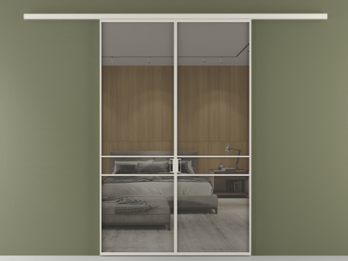 Перегородка Formato вдоль стены 2 створки АЛПР 040.02 Алюминий облачно-серый Рефлективное серое стекло "Stopsol", калёное Цена 1882440 ₸ | Volhovec