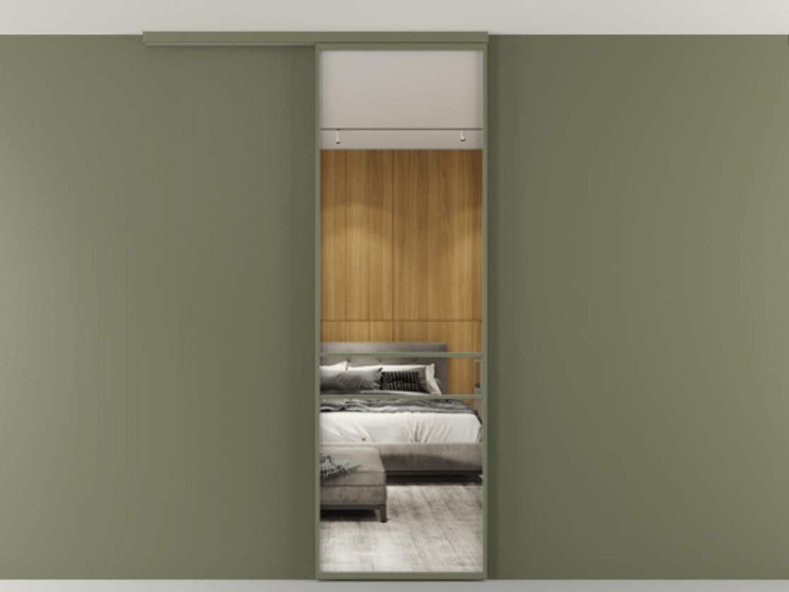 Перегородка Formato вдоль стены на потолок 1 створка АЛПР 040.02 Алюминий оливковый тёмный Двустороннее зеркало, триплекс , триплекс 6 мм Цена 732246 ₸ | Volhovec