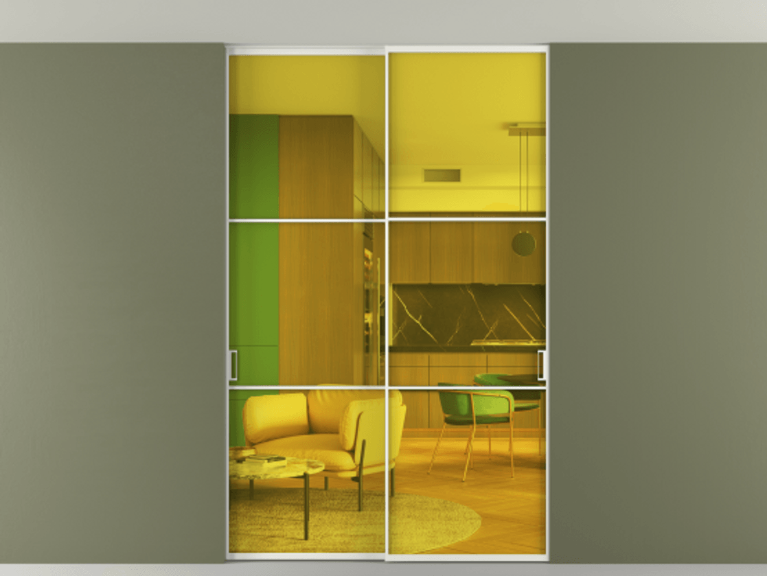 Перегородка Formato внутри проёма скрытое крепление в потолок 2 створки АЛПР 040.03 Алюминий светло-серый Прозрачное жёлтое стекло, триплекс Цена 1600400 ₸ | Volhovec