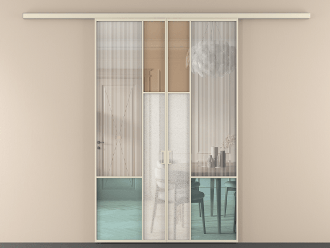 Перегородка Mosaic вдоль стены 2 створки АЛПР 041.13 Алюминий бежево-серый Комбинация стекол Группы 1 и Группы 3 Цена 1727600 ₸ | Volhovec