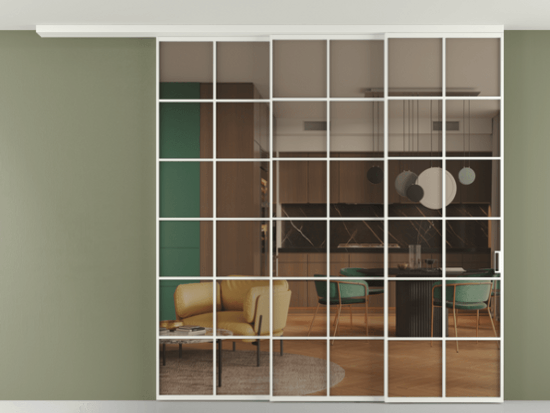 Перегородка Formato вдоль стены на потолок 3 створки с синхронным механизмом АЛПР 040.05 Алюминий светло-серый Прозрачное бронзовое стекло, триплекс Цена 2601810 ₸ | Volhovec