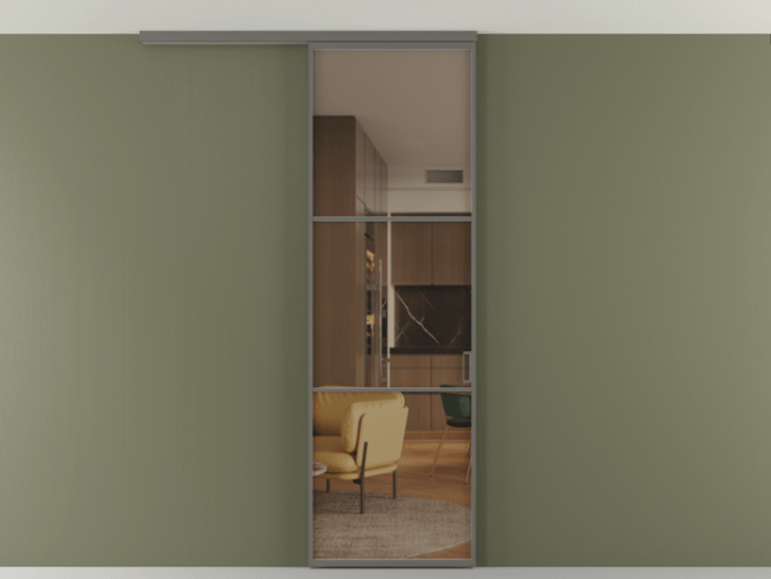 Перегородка Formato вдоль стены на потолок 1 створка АЛПР 040.03 Алюминий классический серый Прозрачное бронзовое стекло, триплекс Цена 732246 ₸ | Volhovec