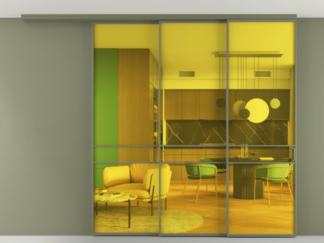 Перегородка Formato вдоль стены на потолок 3 створки с синхронным механизмом АЛПР 040.02 Алюминий оливковый тёмный Прозрачное жёлтое стекло, триплекс Цена 2473300 ₸ | Volhovec