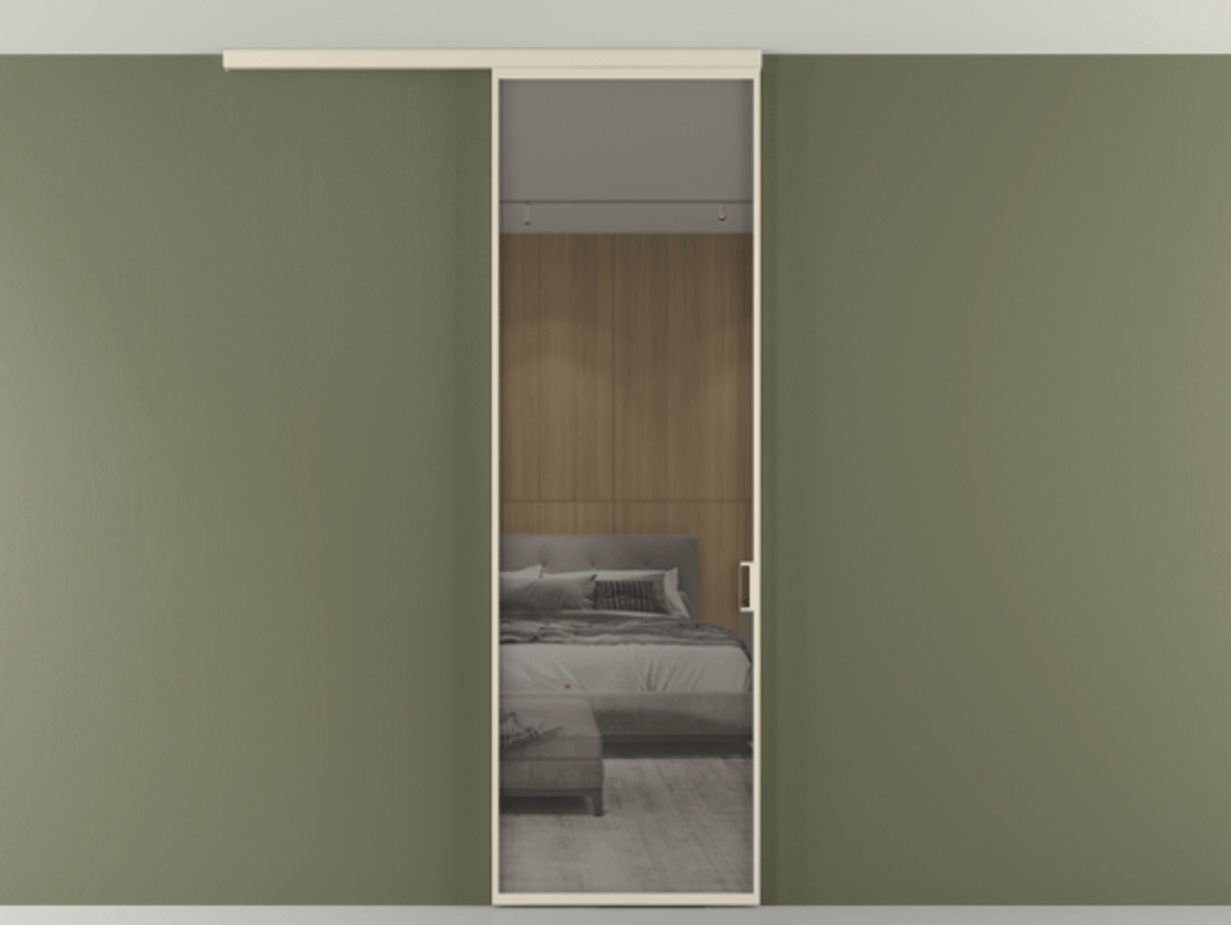 Перегородка Формато вдоль стены на потолок 1 створка АЛПР 040.01 Алюминий бежево-серый Рефлективное серое стекло "Стопсол", калёное Цена 903949 ₸ | Volhovec