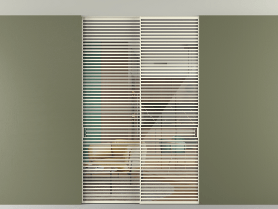 Перегородка Формато внутри проёма скрытое крепление в потолок 2 створки АЛПР 040.07 Алюминий молочно-белый Рефлективное прозрачное стекло "Стопсол", калёное Цена 3939667 ₸ | Volhovec