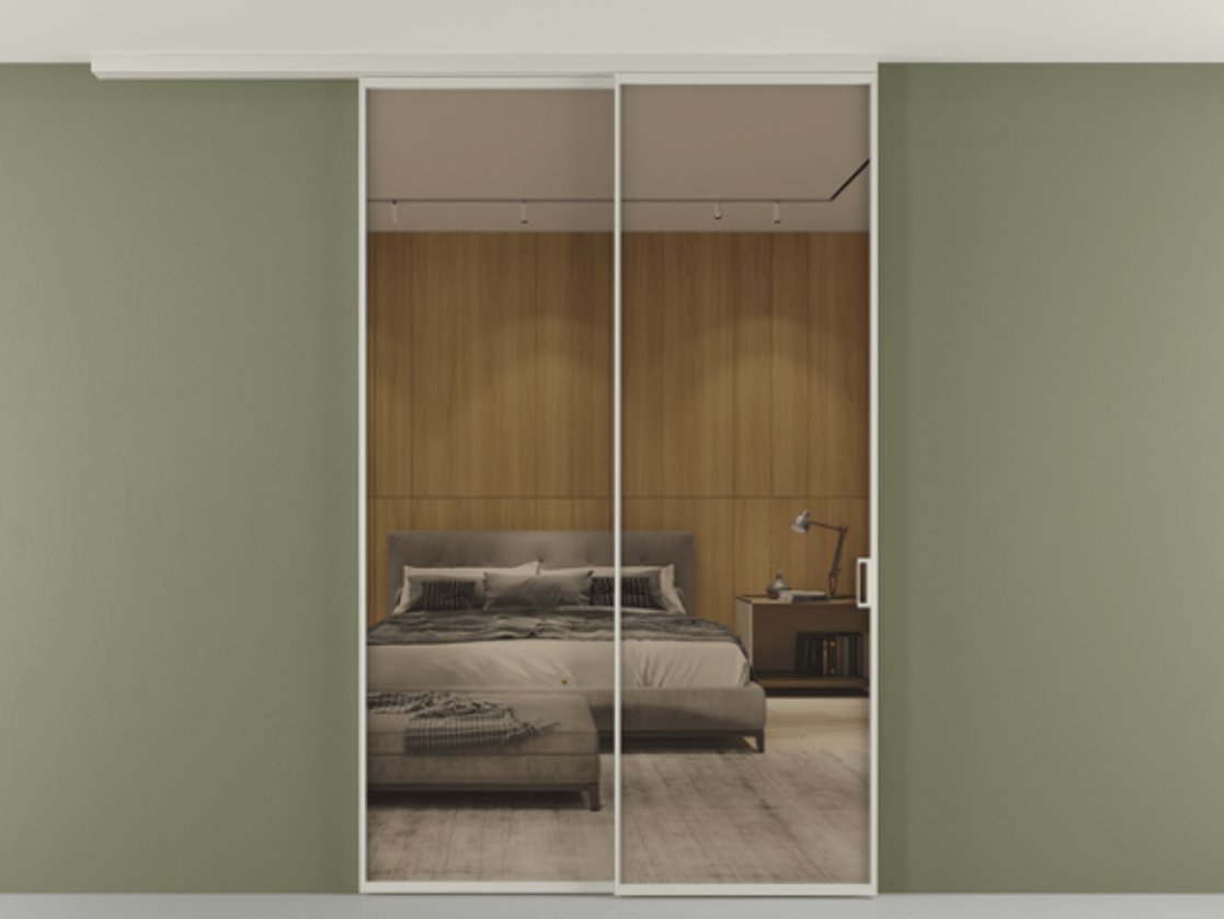 Перегородка Формато вдоль стены на потолок 2 створки с синхронным механизмом АЛПР 040.01 Алюминий тёплый серый Рефлективное бронзовое стекло "Стопсол", калёное Цена 2382458 ₸ | Volhovec