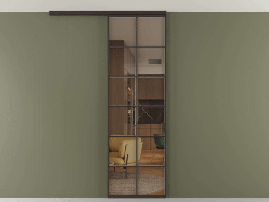 Перегородка Формато вдоль стены на потолок 1 створка АЛПР 040.05 Алюминий антрацит Прозрачное бронзовое стекло, триплекс Цена 815361 ₸ | Volhovec