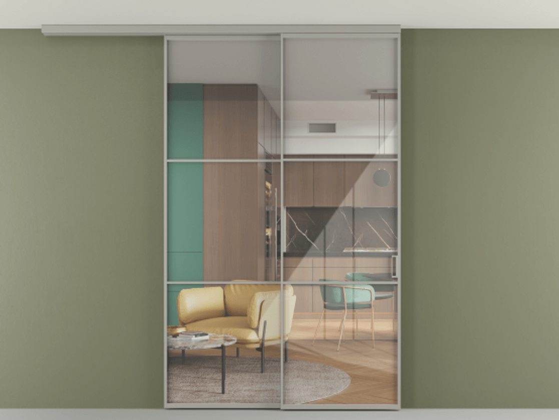 Перегородка Формато вдоль стены на потолок 2 створки с синхронным механизмом АЛПР 040.03 Алюминий нейтральный серый Рефлективное прозрачное стекло "Стопсол", калёное. Цена 2198267 ₸ 1. Полотно 2 шт. (800/2100 мм)
2. Комплект установки раздвижной системы
3. Базовый комплект фурнитуры
4.Ручка Рондо. Фабрика дверей Волховец 8 (800) 551 43 19 Перегородка Формато вдоль стены на потолок 2 створки с синхронным механизмом АЛПР 040.03 Алюминий нейтральный серый Рефлективное прозрачное стекло "Стопсол", калёное Цена 2198267 ₸ | Volhovec