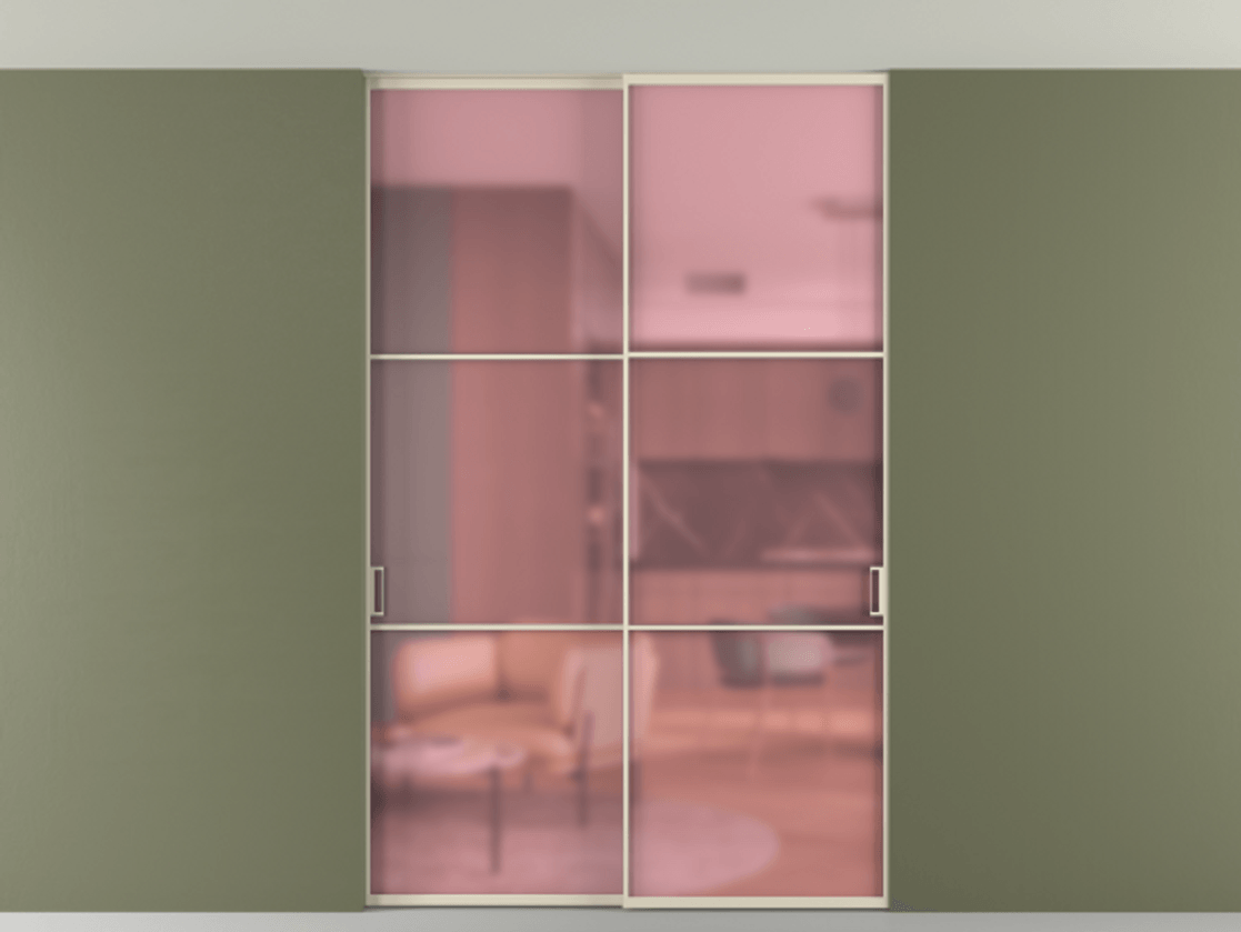 Перегородка Формато внутри проёма скрытое крепление в потолок 2 створки АЛПР 040.03 Алюминий бежево-серый Сатинированное розовое стекло, триплекс Цена 1876505 ₸ | Volhovec