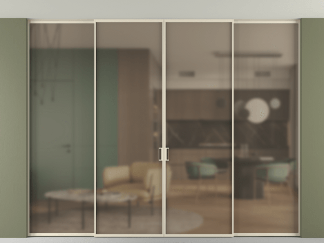 Перегородка Формато внутри проёма скрытое крепление в потолок 4 створки АЛПР 040.01 Алюминий бежево-серый Сатинированное бронзовое стекло, триплекс. Цена 3195688 ₸ 1. Полотно 4 шт. (800/2100 мм)
2. Комплект установки раздвижной системы
3. Базовый комплект фурнитуры
4.Ручка Рондо. Фабрика дверей Волховец 8 (800) 551 43 19 Перегородка Формато внутри проёма скрытое крепление в потолок 4 створки АЛПР 040.01 Алюминий бежево-серый Сатинированное бронзовое стекло, триплекс Цена 3195688 ₸ | Volhovec