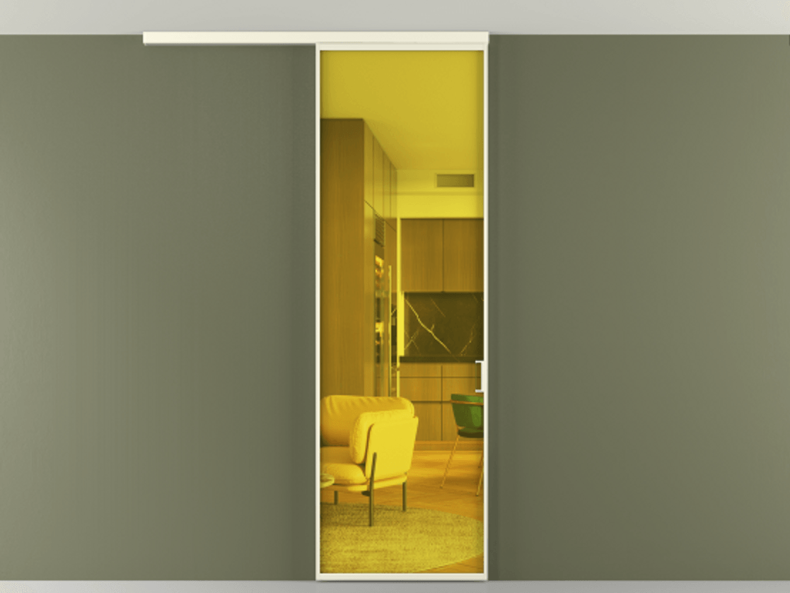 Перегородка Formato вдоль стены на потолок 1 створка АЛПР 040.01 Алюминий молочно-белый Прозрачное жёлтое стекло, триплекс Цена 600500 ₸ | Volhovec