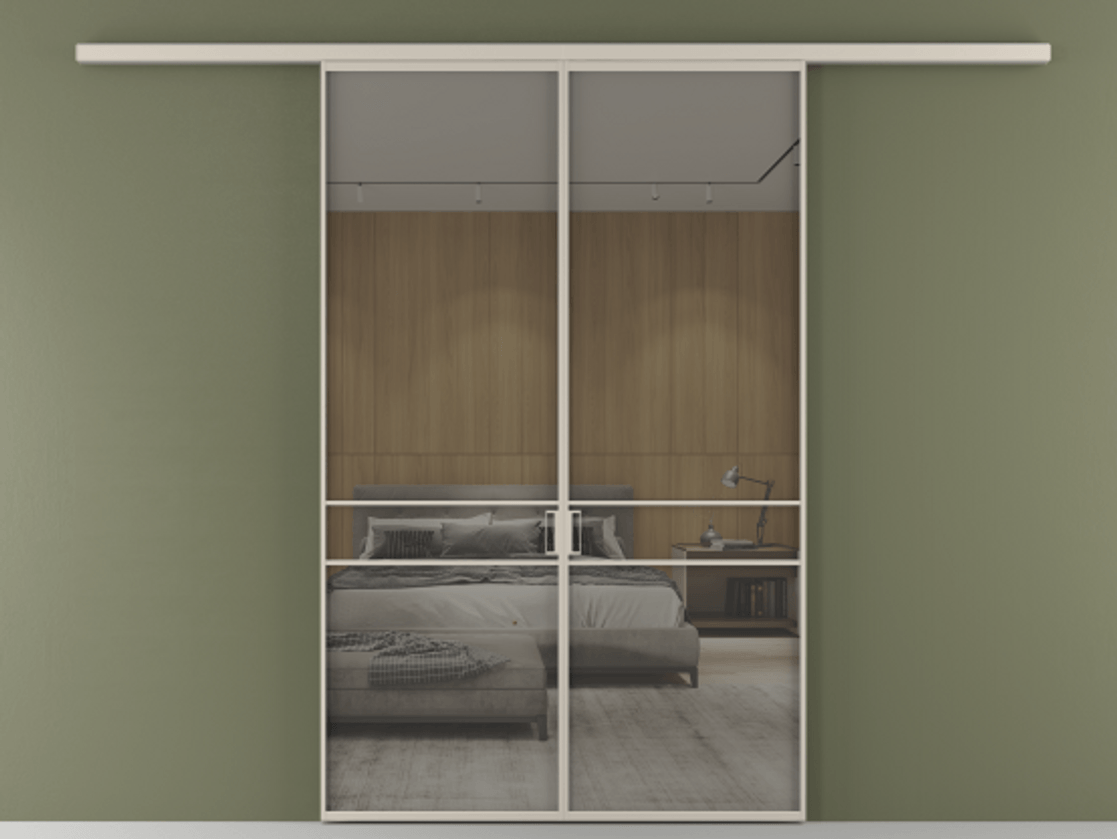 Перегородка Формато вдоль стены 2 створки АЛПР 040.02 Алюминий светло-бежевый Рефлективное серое стекло "Стопсол", калёное Цена 1882440 ₸ | Volhovec