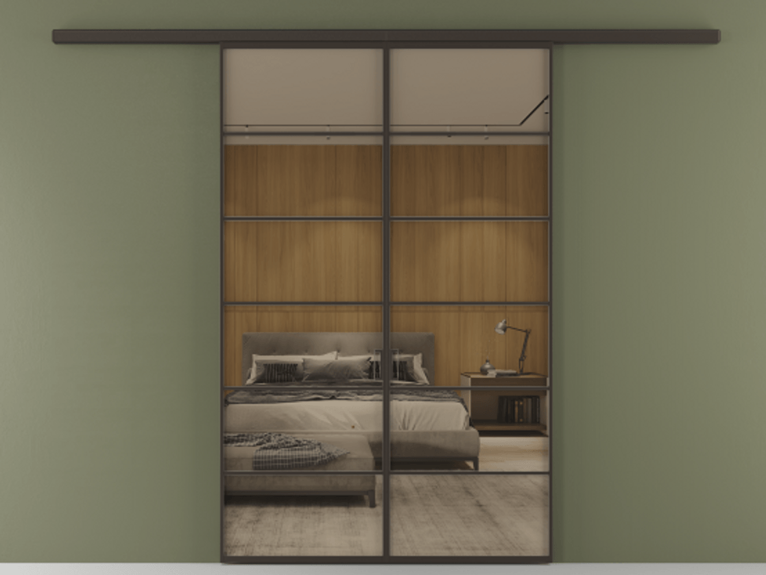 Перегородка Формато вдоль стены 2 створки АЛПР 040.04 Алюминий антрацит Рефлективное бронзовое стекло "Стопсол", калёное Цена 2000376 ₸ | Volhovec