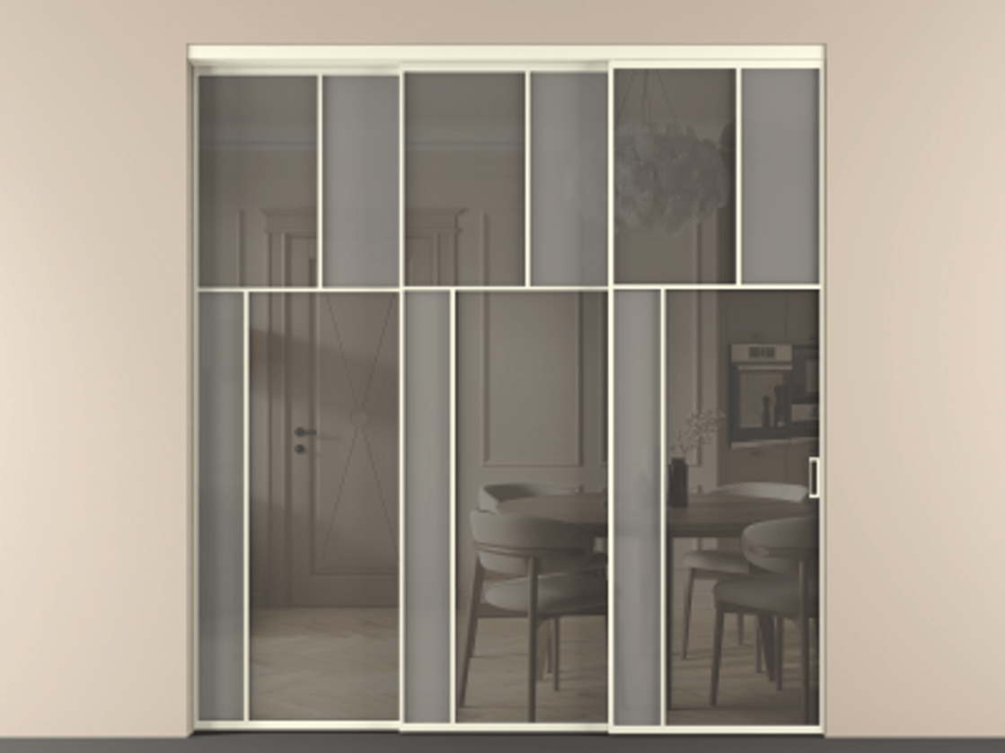 Перегородка Мозаик внутри проёма 3 створки с синхронным механизмом АЛПР 041.22 Алюминий молочно-белый Сатинированное серое стекло, триплекс, 6 мм + Прозрачное серое стекло, триплекс Цена 3306668 ₸ | Volhovec