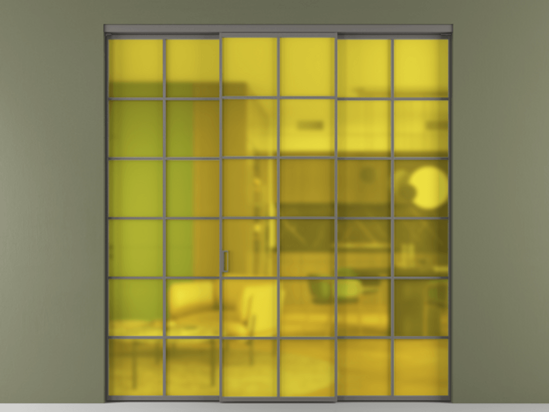 Перегородка Formato внутри проёма 3 створки АЛПР 040.05 Алюминий классический серый Сатинированное жёлтое стекло, триплекс Цена 1667700 ₸ | Volhovec