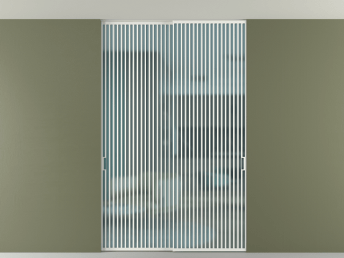 Перегородка Формато внутри проёма скрытое крепление в потолок 2 створки АЛПР 040.06 Алюминий светло-серый Сатинированное голубое стекло, триплекс Цена 3098957 ₸ | Volhovec